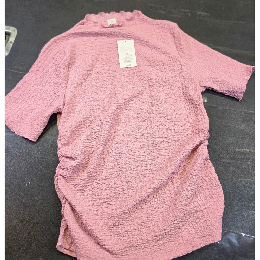 A New Day Pink Textured Mock Neck Short Sleeve Top Side Ruched Size M NEW